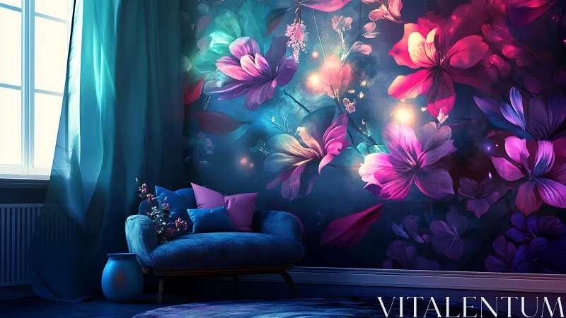 Moody lounge with luminous floral wall mural artwork.