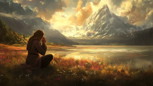 Solitary figure prays beside a golden mountain lake at dusk