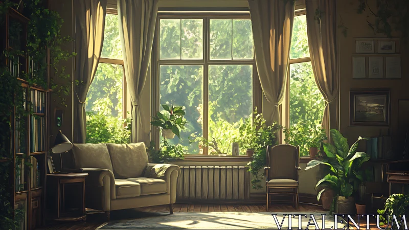 Sunlit living room with large window and indoor plants.