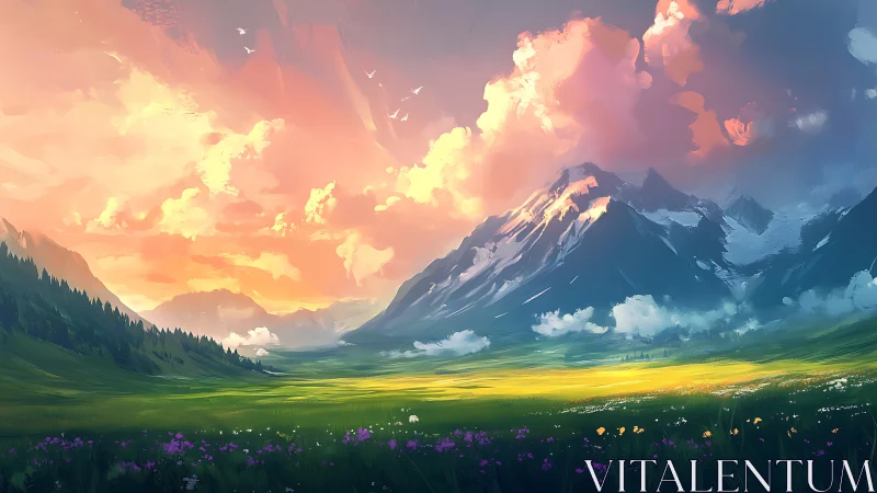 Sunlit alpine meadow unfolds beneath luminous painted clouds