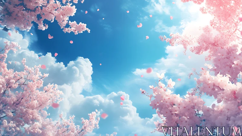 Cherry blossoms drift softly beneath a radiant spring sky