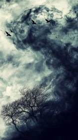 Nocturnal stormscape with silhouetted trees and rising crows.