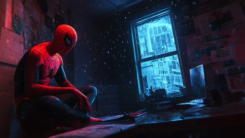 Spider-suited hero sits in rainy neon-lit room by window