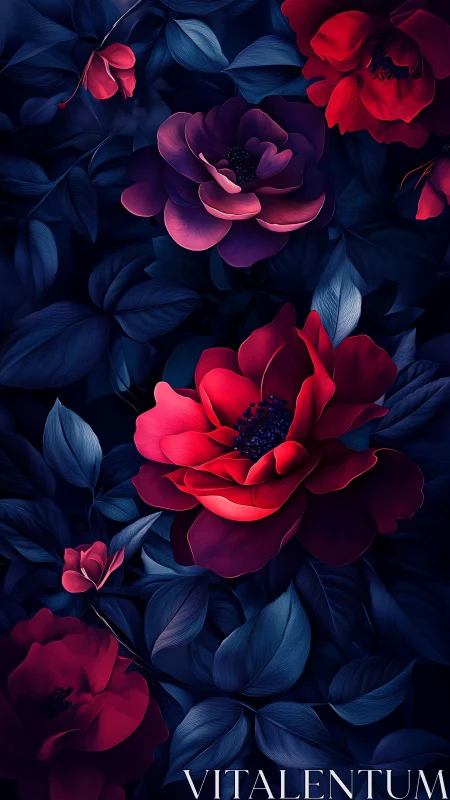 Luminous Rose Blooms Against Deep Indigo Foliage. Digital Floral.