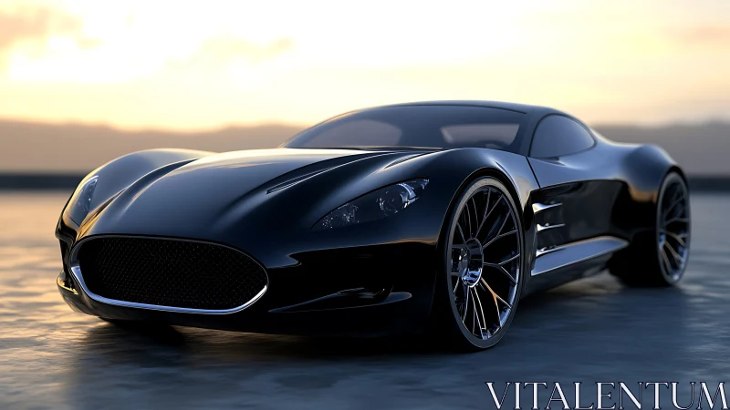 Black supercar reflects sunset across wet concrete surface.