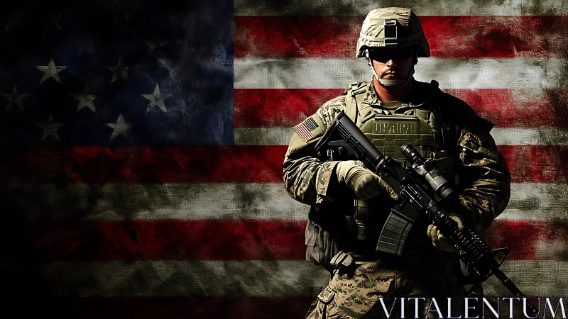 US soldier stands armed before worn American flag backdrop