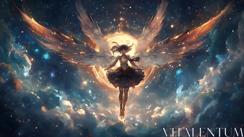 Winged figure silhouetted against luminous circular halo.