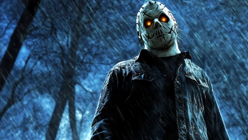 Masked figure with glowing eyes standing in rainy forest.