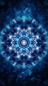 Fractal blue mandala blooms within luminous cosmic void.