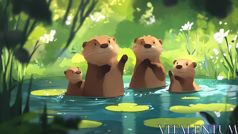 Cute cartoon otter family standing together in bright pond.