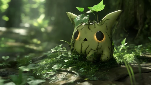 Forest spirit critter glows softly beneath tangled ivy crowns.