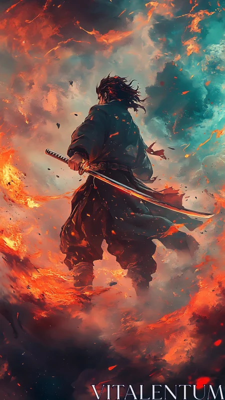 Samurai figure stands within swirling fire and smoke clouds