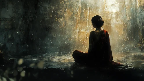 Solitary robed figure meditating in luminous rainfall cavern.