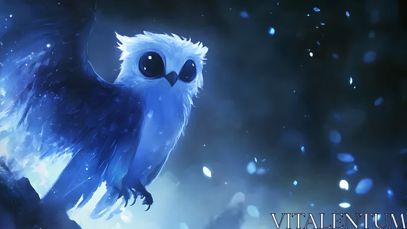 Luminous blue spirit owl with glowing particles in flight.