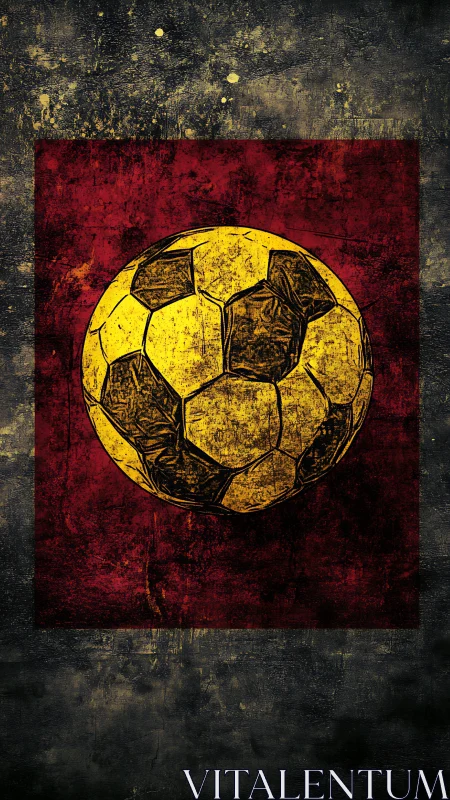 Grunge textured yellow soccer ball on dark red field.