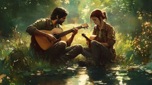 Acoustic duet under forest light beside reflective stream.