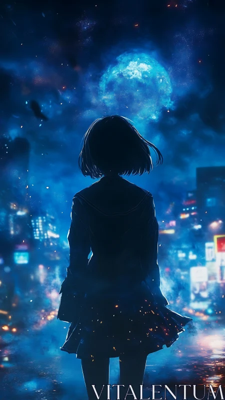 Midnight city dreams under a cosmic blue moon glow.