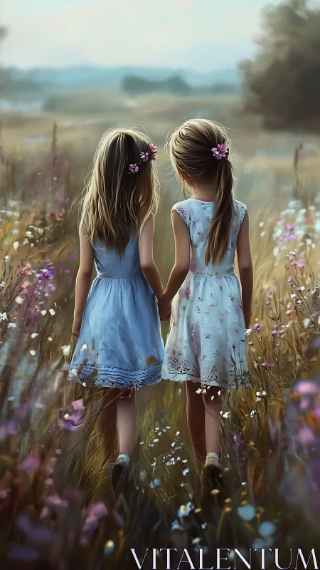 Two girls holding hands standing in wildflower field