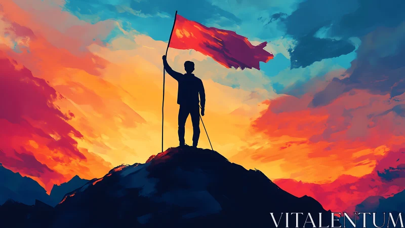 Silhouette with flag on mountain under vivid sunset sky.