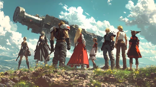 Epic anime heroes confront colossal starship in open sky.