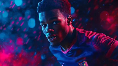 Photorealistic neon portrait of dynamic football athlete under lights.