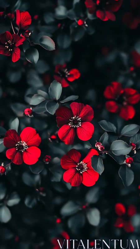 Red Five-Petaled Flowers With Gray Foliage Against Dark Background