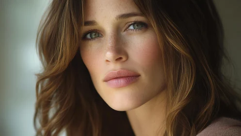 Soft daylight portrait of a freckled, contemplative gaze.