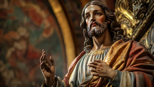 Religious sculptural figure with raised hands in ornate setting.
