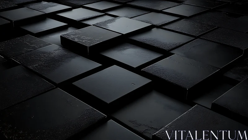 Dark reflective cubes form staggered geometric abstraction.