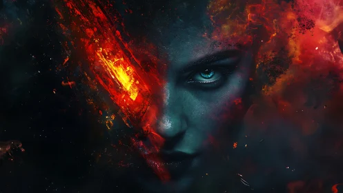 Fiery abstract portrait with intense blue-eyed gaze.