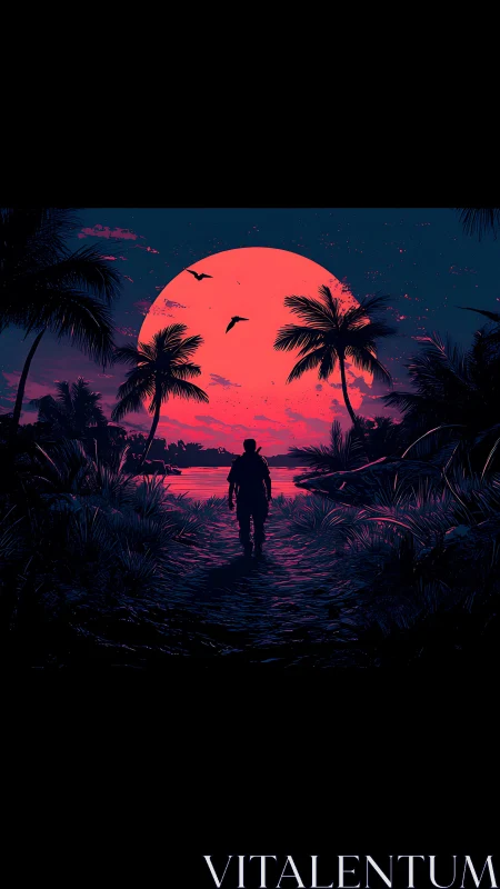Neon tropical silhouette under oversized crimson moonscape.
