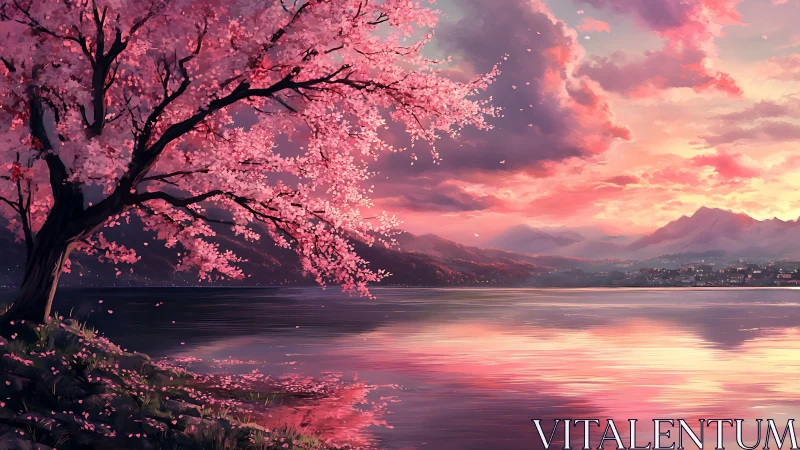 Sunset-lit cherry blossom shoreline rendering with reflective lake