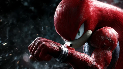 3D red anthropomorphic fighter in intense battle stance.