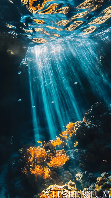 Sunlit coral reef canyon with cascading turquoise beams.
