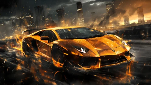 Orange supercar on wet city roadway with dynamic lighting.