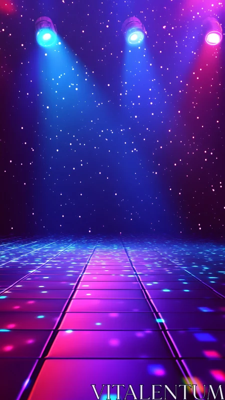 Illuminated tiled stage floor under colored spotlights at night.