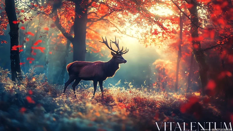 Majestic stag pauses in radiant autumn forest light.