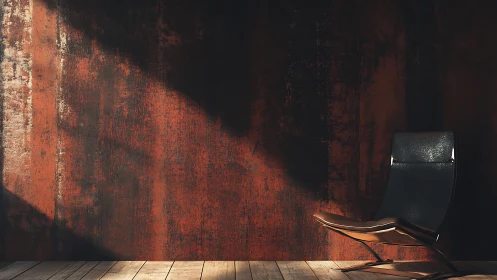 Modern leather lounge chair rests in dramatic shadowed light