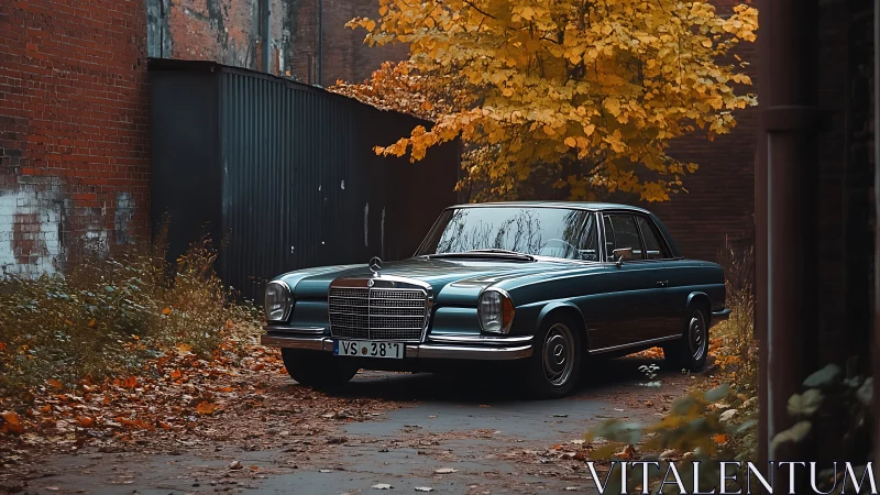 Vintage Mercedes coupe under golden autumn foliage glow.