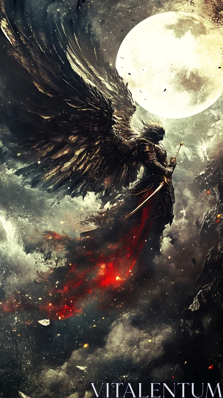 Midnight winged guardian rising beneath a glowing moon.