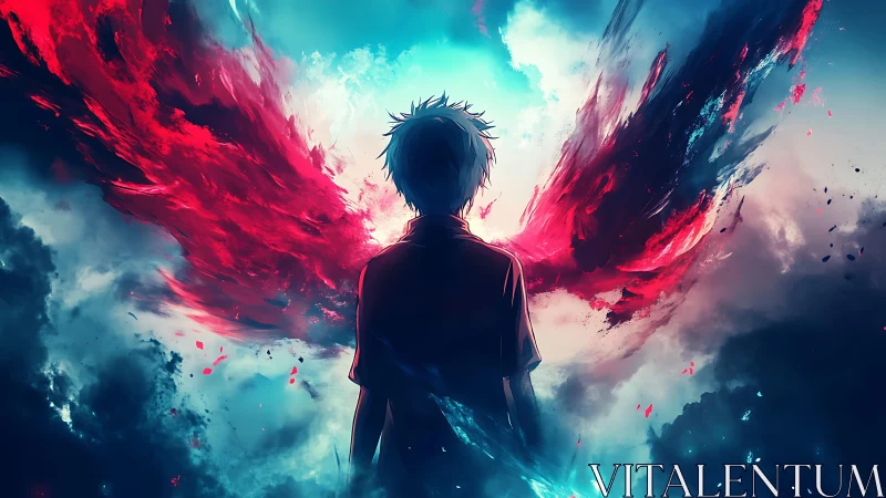 Backlit anime figure with bifurcated chromatic energy wings.