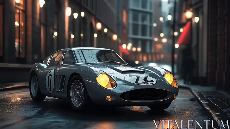 Vintage racing coupé rendered in cinematic rainy street lighting