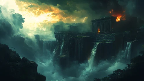 Ancient cliff citadel collapsing under fire, storms, and waterfalls