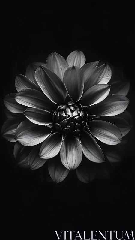 Monochrome Dahlia Bloom Against Darkness Reveals Intricate Petals