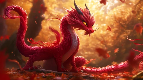 Playful crimson dragon resting in a glowing autumn forest.