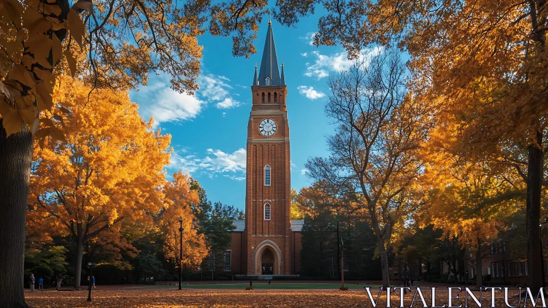 Brick campus clocktower framed by vivid autumn foliage.
