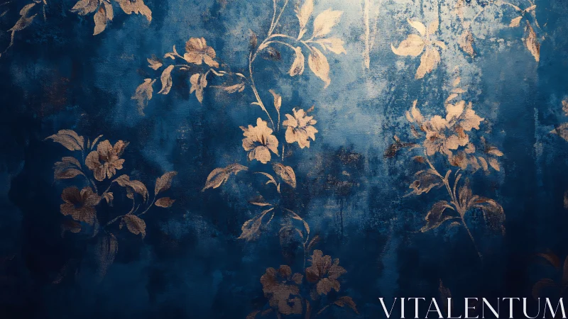 Gold floral pattern over textured deep blue background.