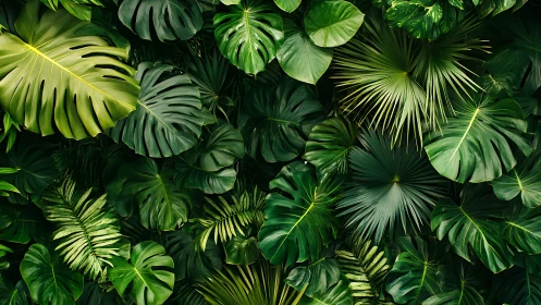 Dense tropical foliage fills frame with layered green leaves