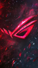 Crystalline neon emblem slices through dark fracturing particles with depth