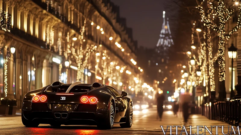 Bugatti supercar under Paris night lights on festive boulevard.